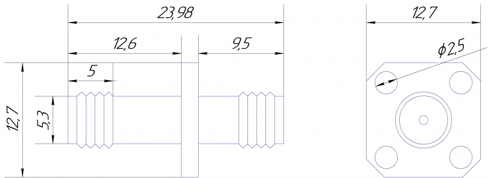 Переходник SMA(female)-SMA(female), на корпус, фланец, 4 отв. диам. 2,5 мм 8,5х8,5 мм