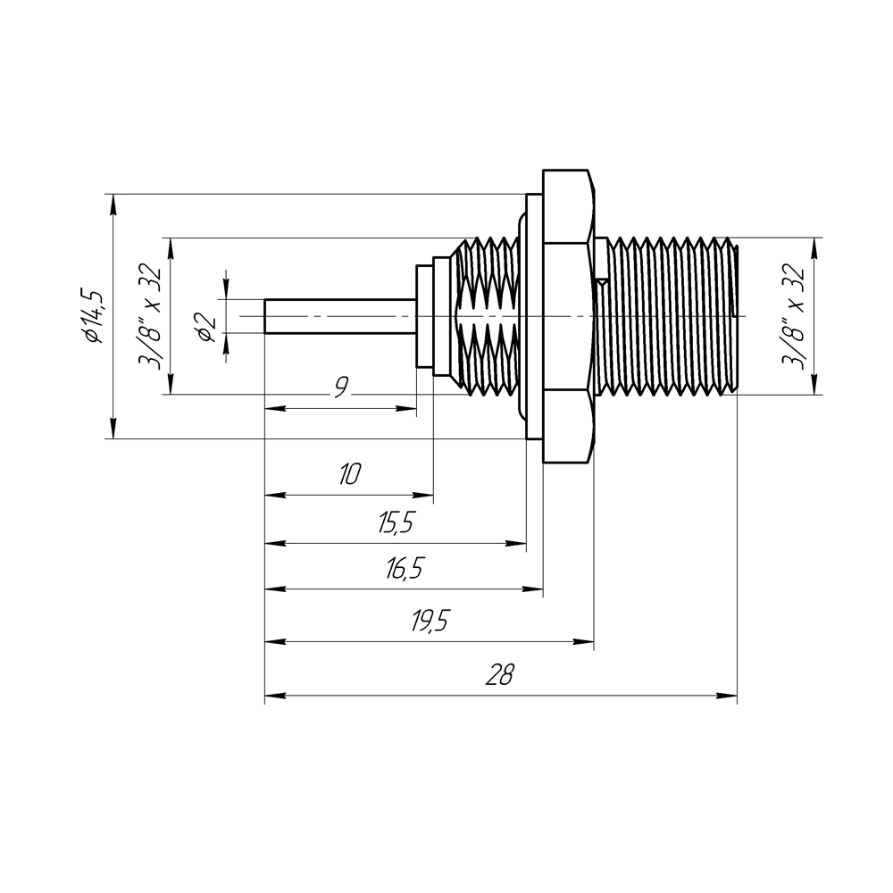 Разъем F(female) на корпус, цанговый, с шестигранником 15 мм, герметичный, с резиновым уплотнителем